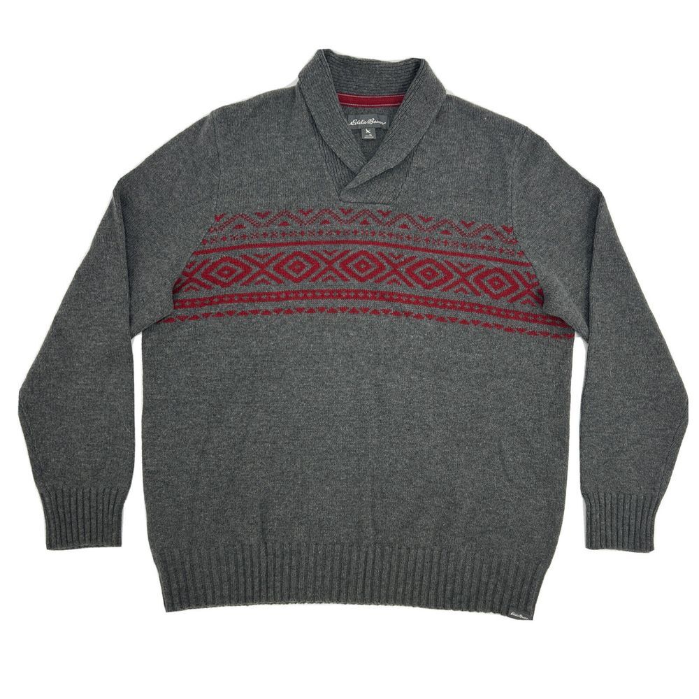 Eddie Bauer Sweater Men XL Gray Red Shawl Collar Southwestern Wool Blend Aztec